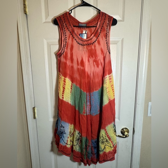 India‎ Boutique Colorful Tie Dye Embroidered 70s Hippie Flowy Tent Dress Free Sz - Picture 1 of 9